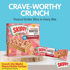Layered construction of SKIPPY P.B. & Jelly Wafer Bar with wafers and fudge coating.