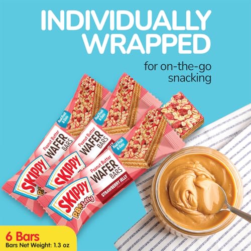 Packaging image of SKIPPY P.B. & Jelly Wafer Bars six-pack for easy transport.