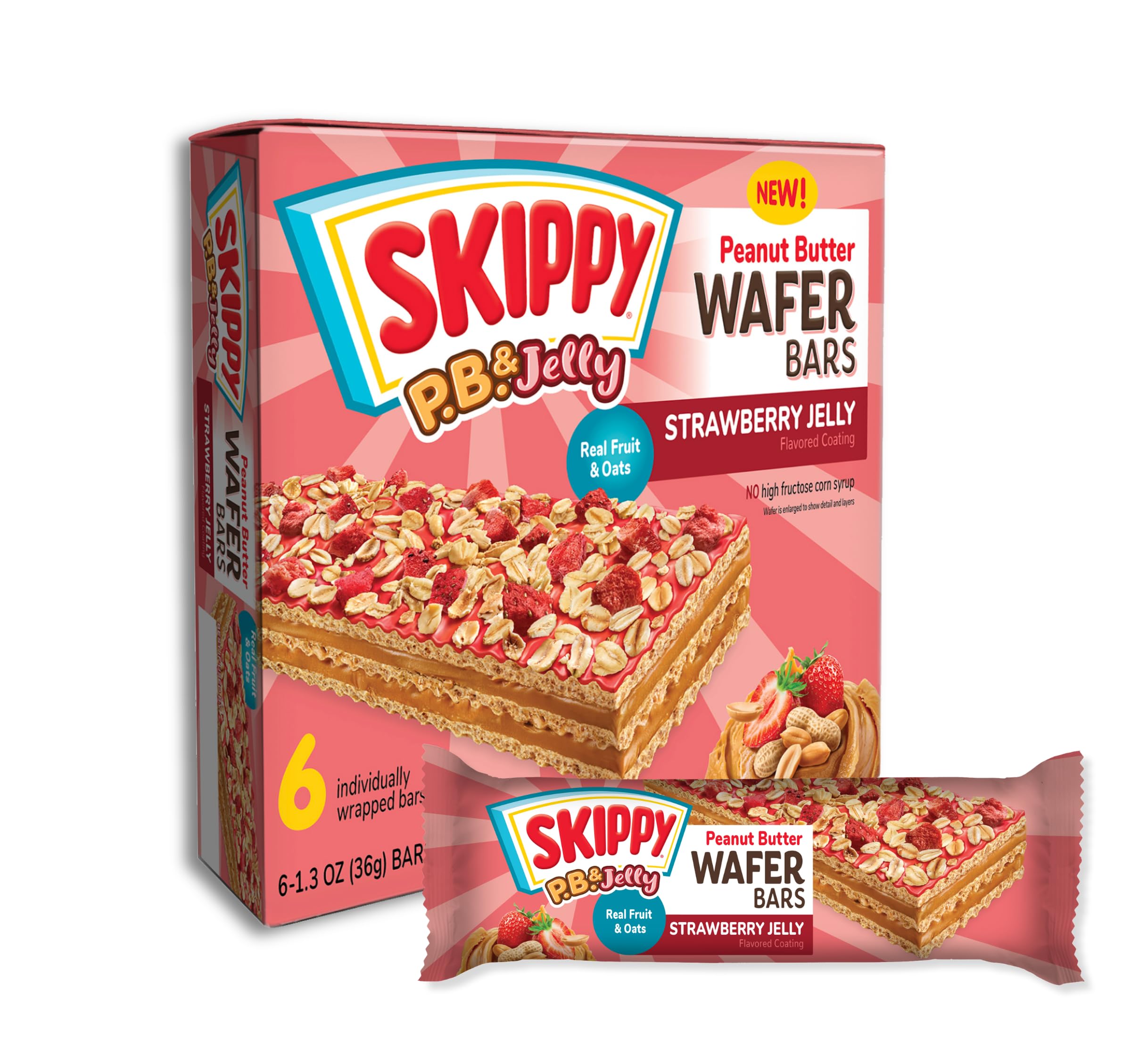 SKIPPY P.B. & Jelly Wafer Bar exterior shows strawberry flavor for on-the-go snacking.