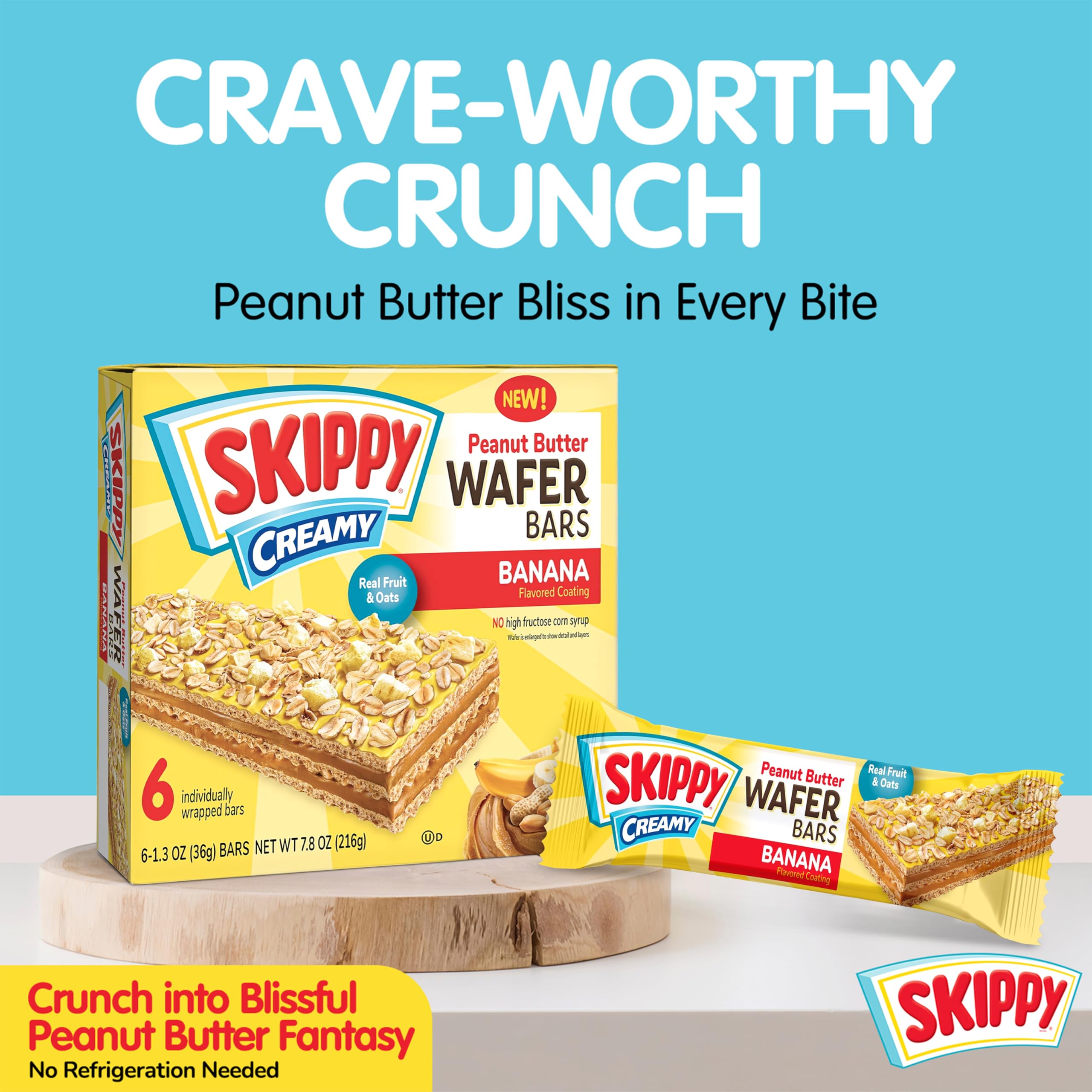 SKIPPY real banana fruit pieces complement the peanut butter for a fruity bite.
