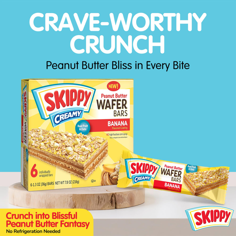 SKIPPY real banana fruit pieces complement the peanut butter for a fruity bite.