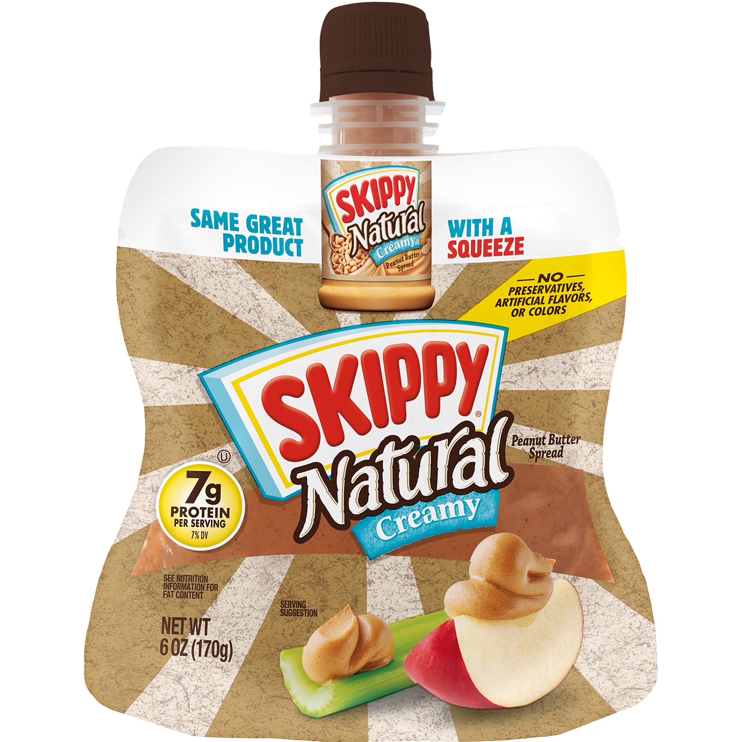 SKIPPY Squeeze natural creamy packaging shows mess-free, portable peanut butter.