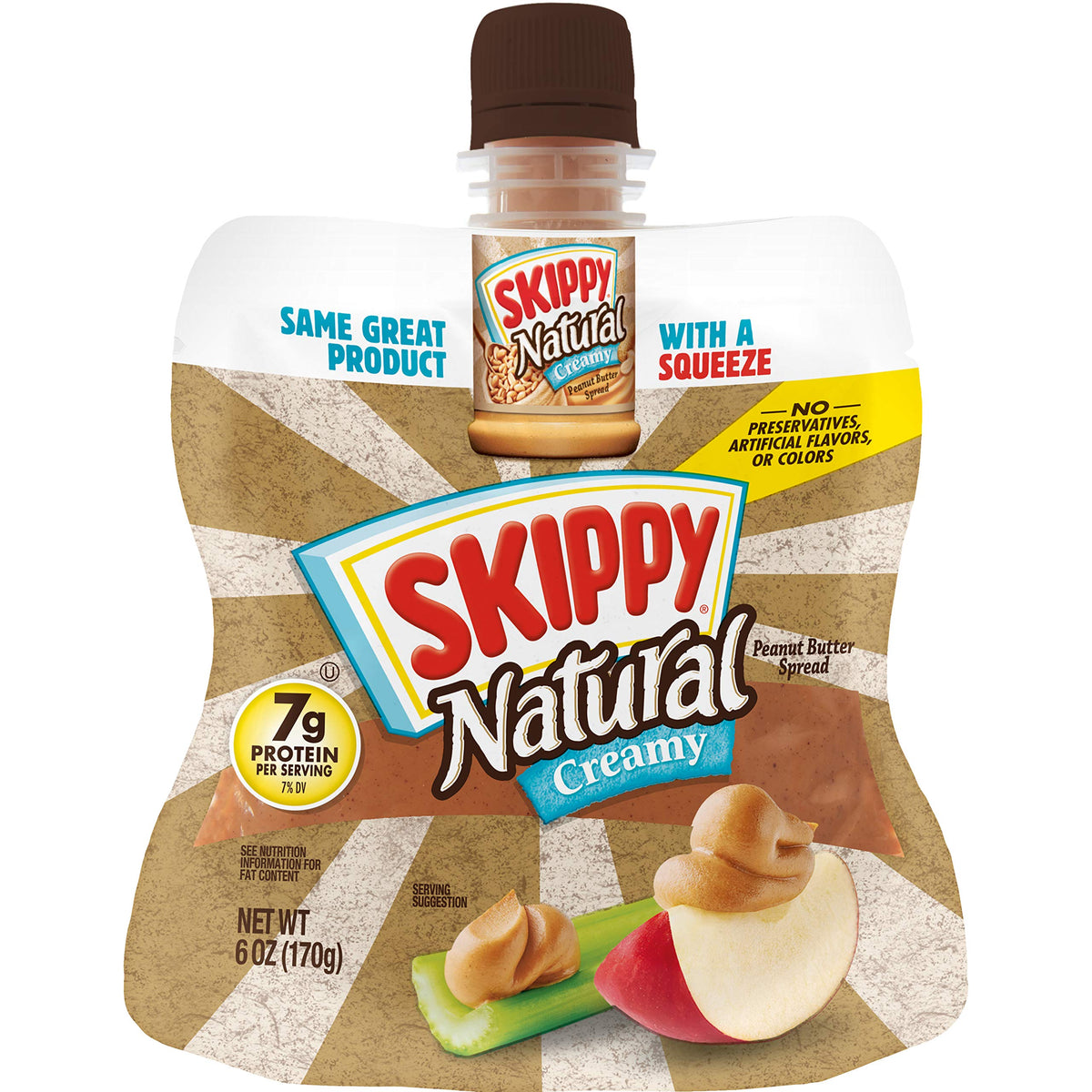 SKIPPY Squeeze natural creamy packaging shows mess-free, portable peanut butter.