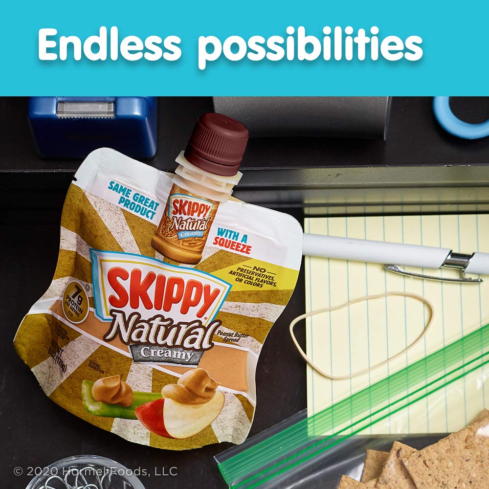 SKIPPY Squeeze ingredients highlight no preservatives and gluten-free option.