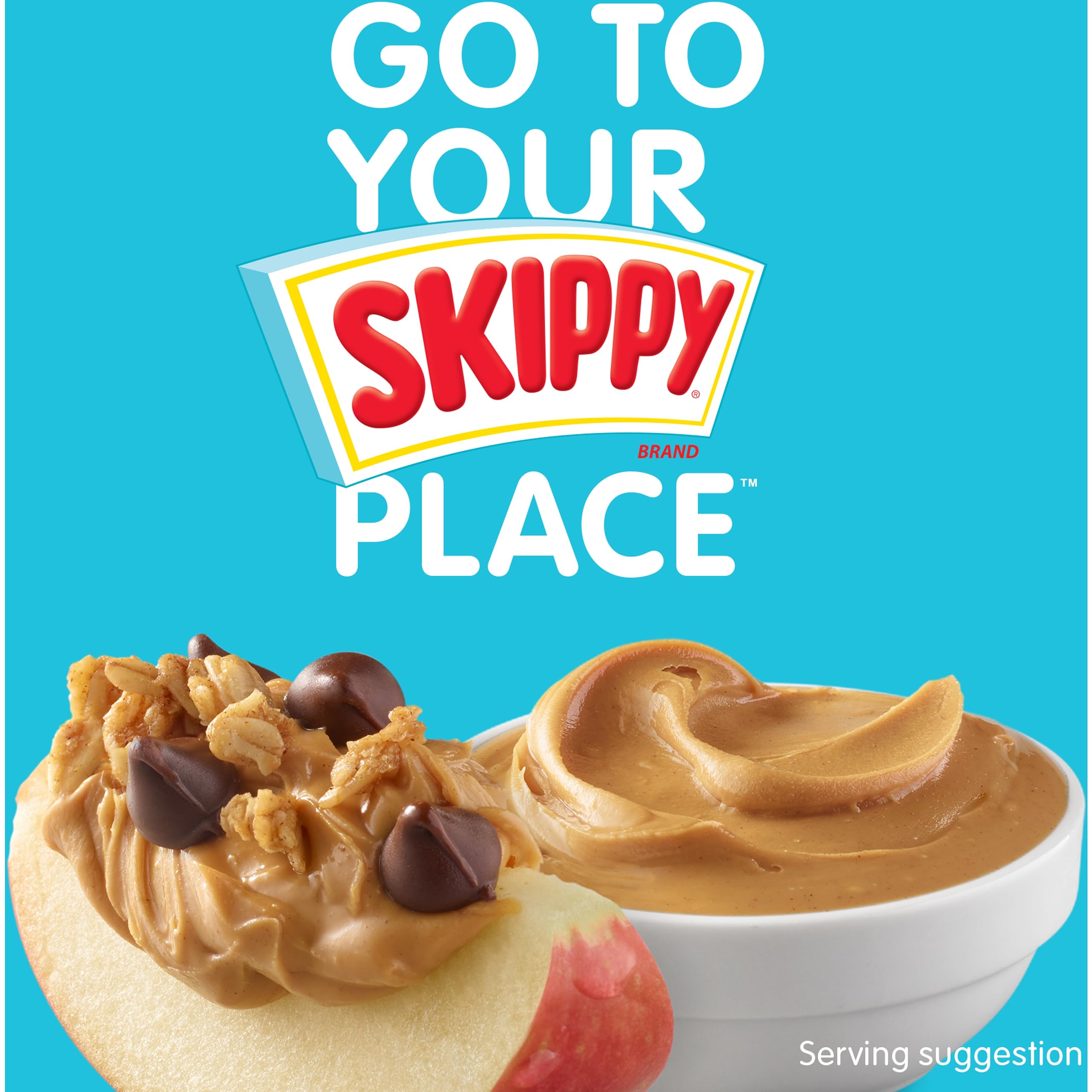 SKIPPY Super Chunk peanut butter with apple slices highlights a healthy snack pairing.