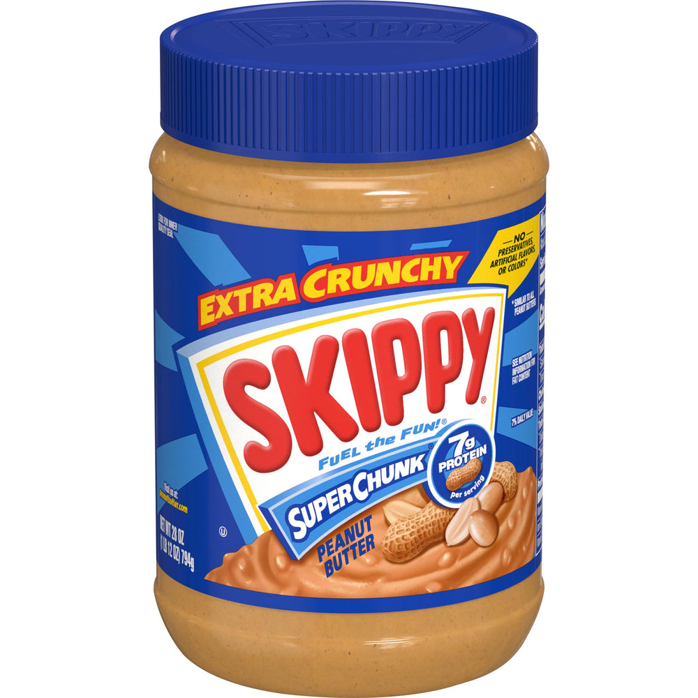 SKIPPY Super Chunk peanut butter jar close-up highlighting chunky texture for snacks.