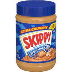 SKIPPY Super Chunk peanut butter jar close-up highlighting chunky texture for snacks.