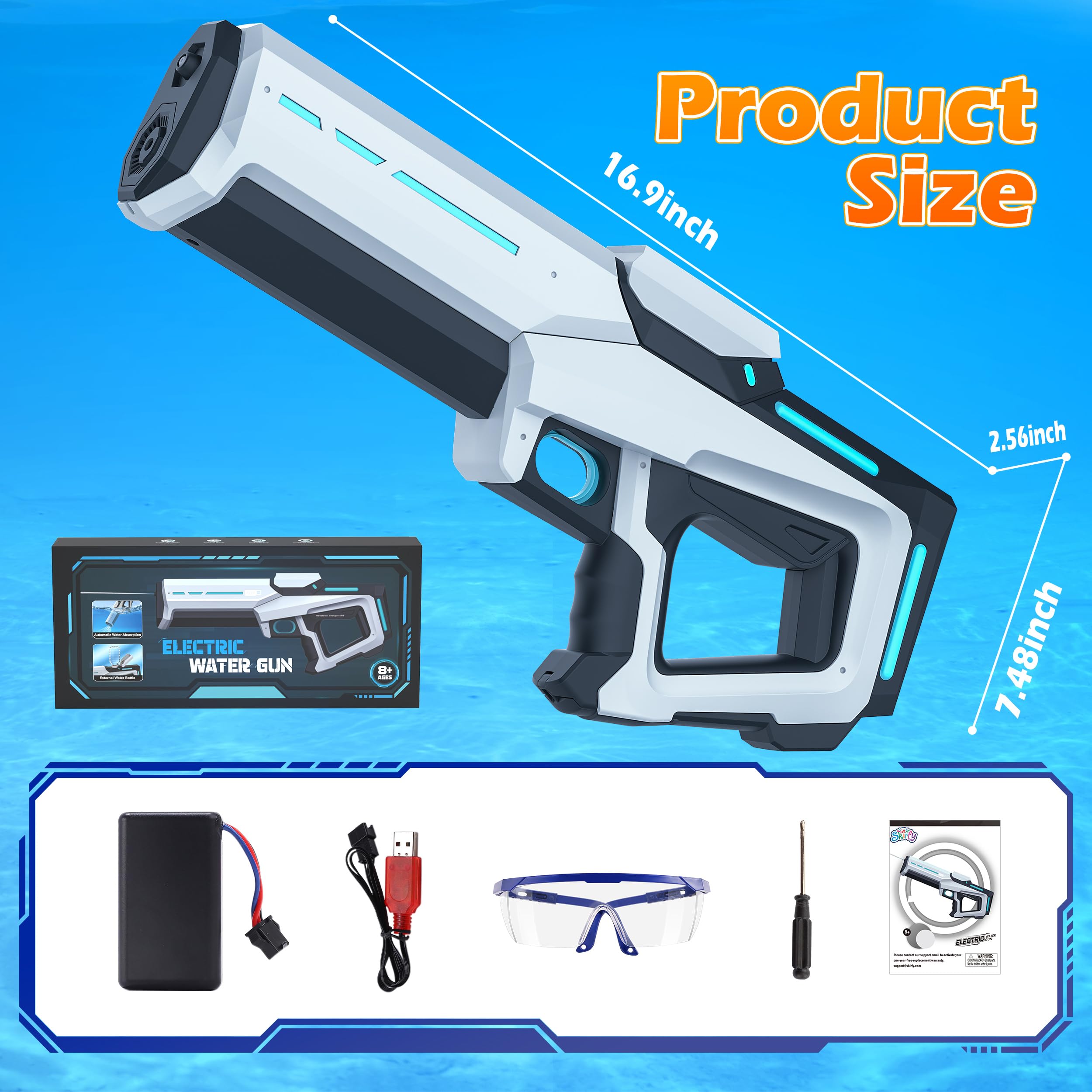 Skirfy battery-powered squirt gun suitable for kids and adults.