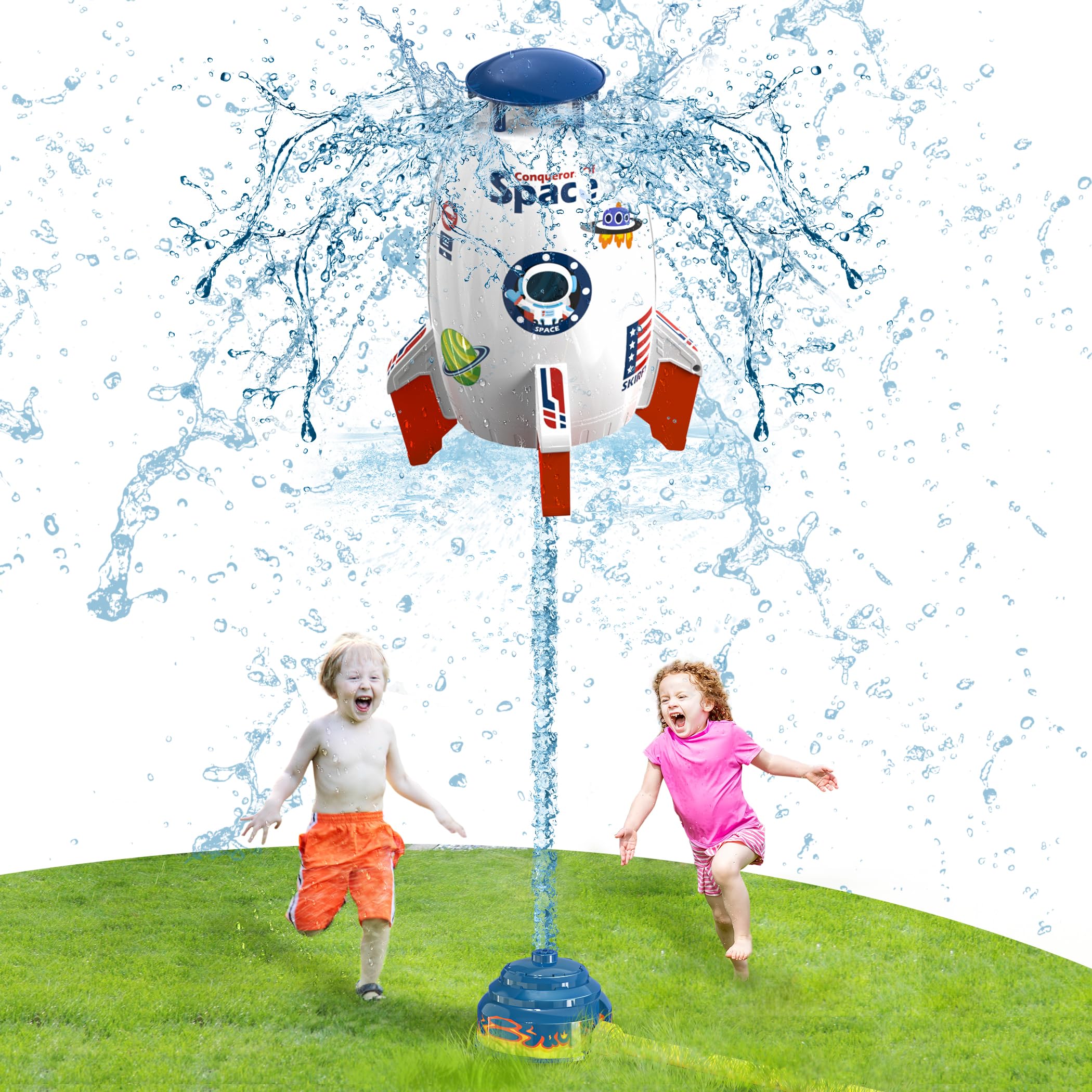 Skirfy Sprinkler Rocket Launcher backyard fun with family on a sunny day.