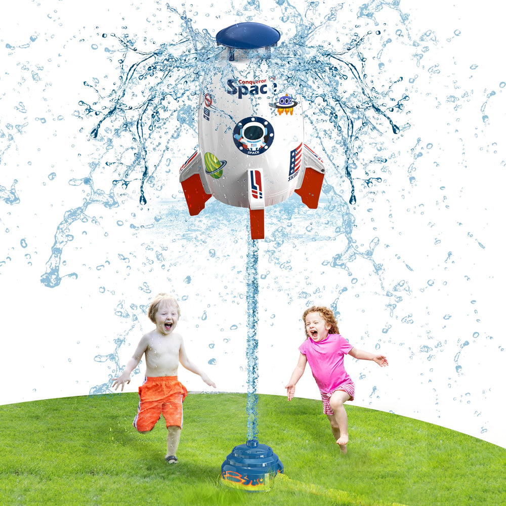 Skirfy Sprinkler Rocket Launcher backyard fun with family on a sunny day.