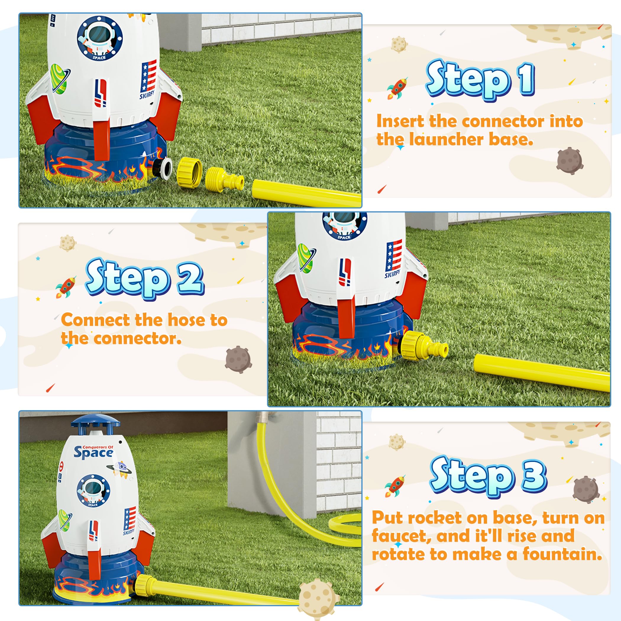 Skirfy Sprinkler Rocket Launcher height adjustment reaches up to 6.9 feet.