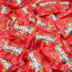 Individually wrapped Skittles for sharing at gatherings and offices.