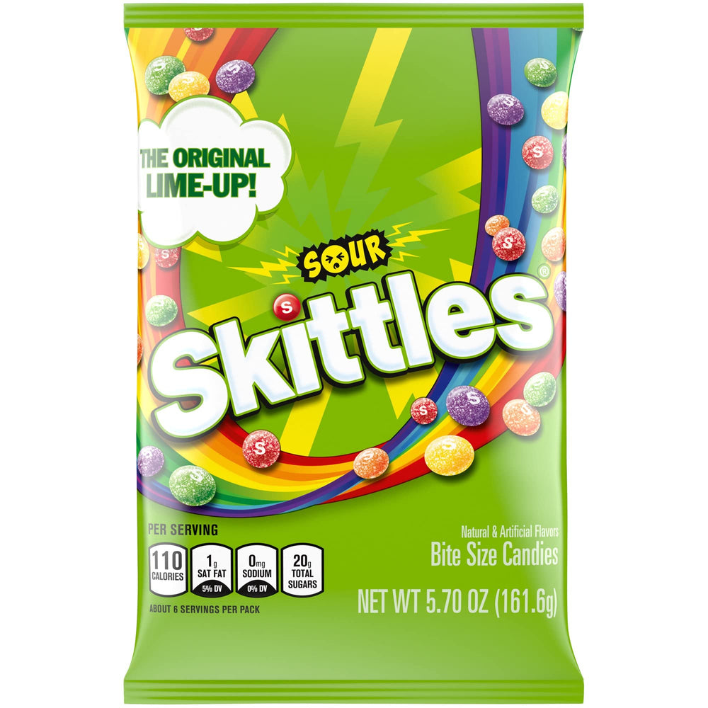 Skittles Sour bag with bite-size candies, ideal for on-the-go snacking.