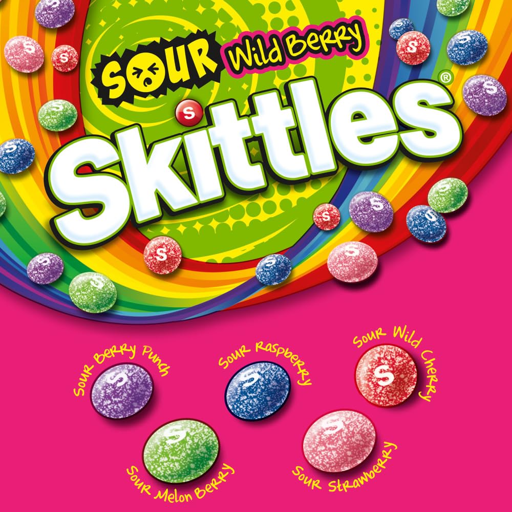 Skittles Sours Wild Berry bag on table, great for movie nights.