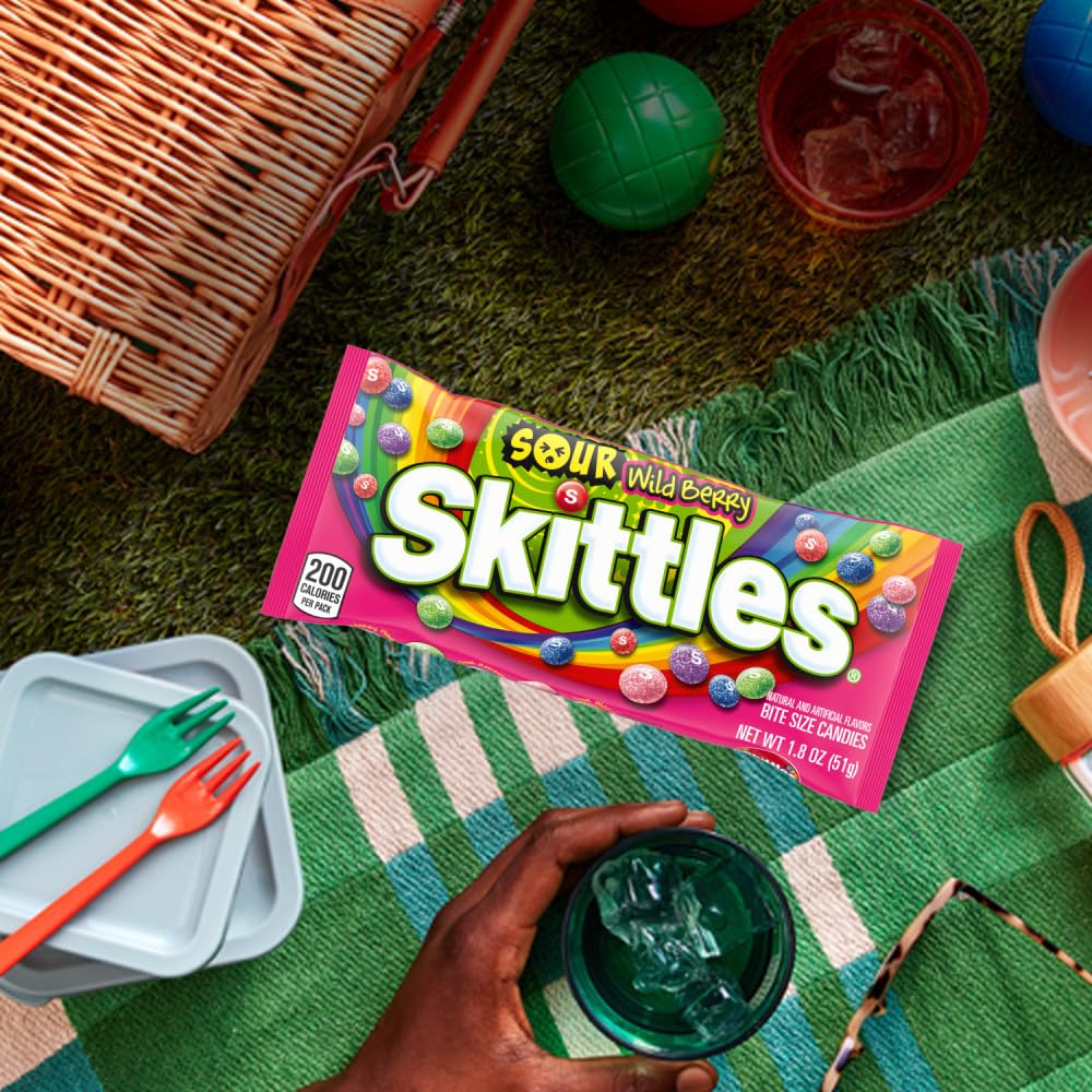 Skittles Sours Wild Berry party display, eye-catching and colorful.