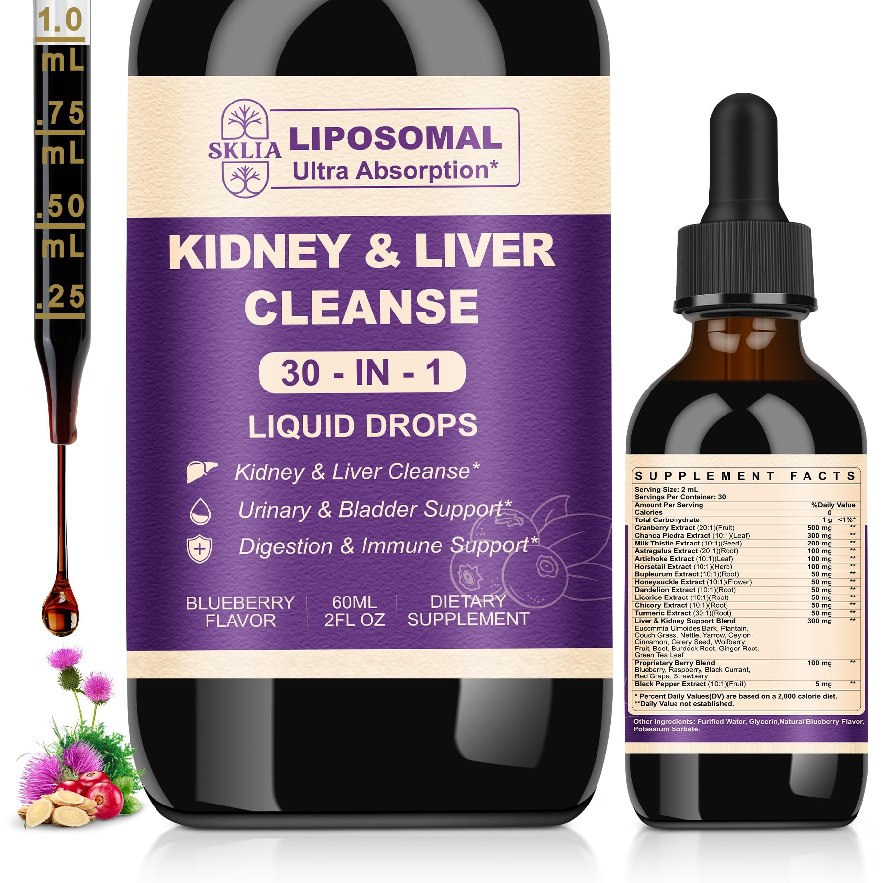 SKLIA 30-in-1 kidney liver drops bottle — daily detox support.