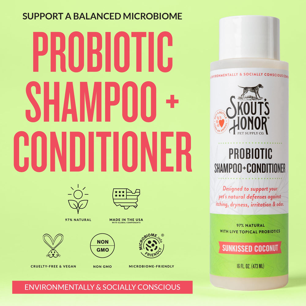 Skout's Honor probiotic dog conditioner bottle highlighting hydration with omega-3s.