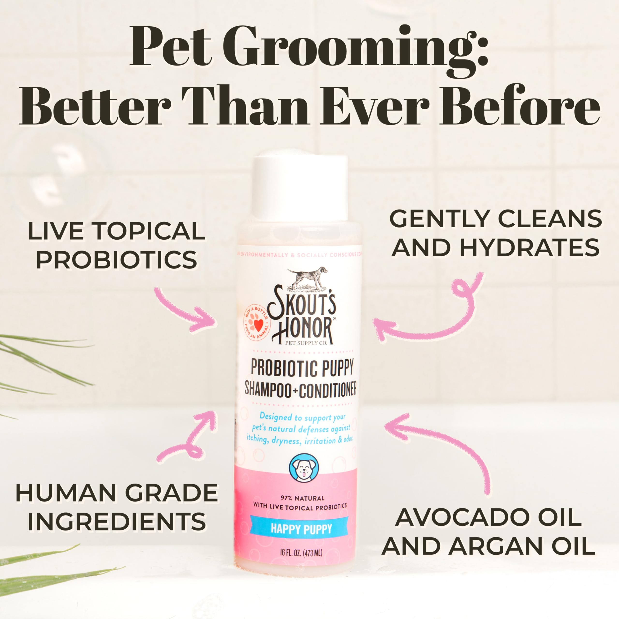 Skout's Honor probiotic dog shampoo featuring avocado oil and omega-3 conditioning.