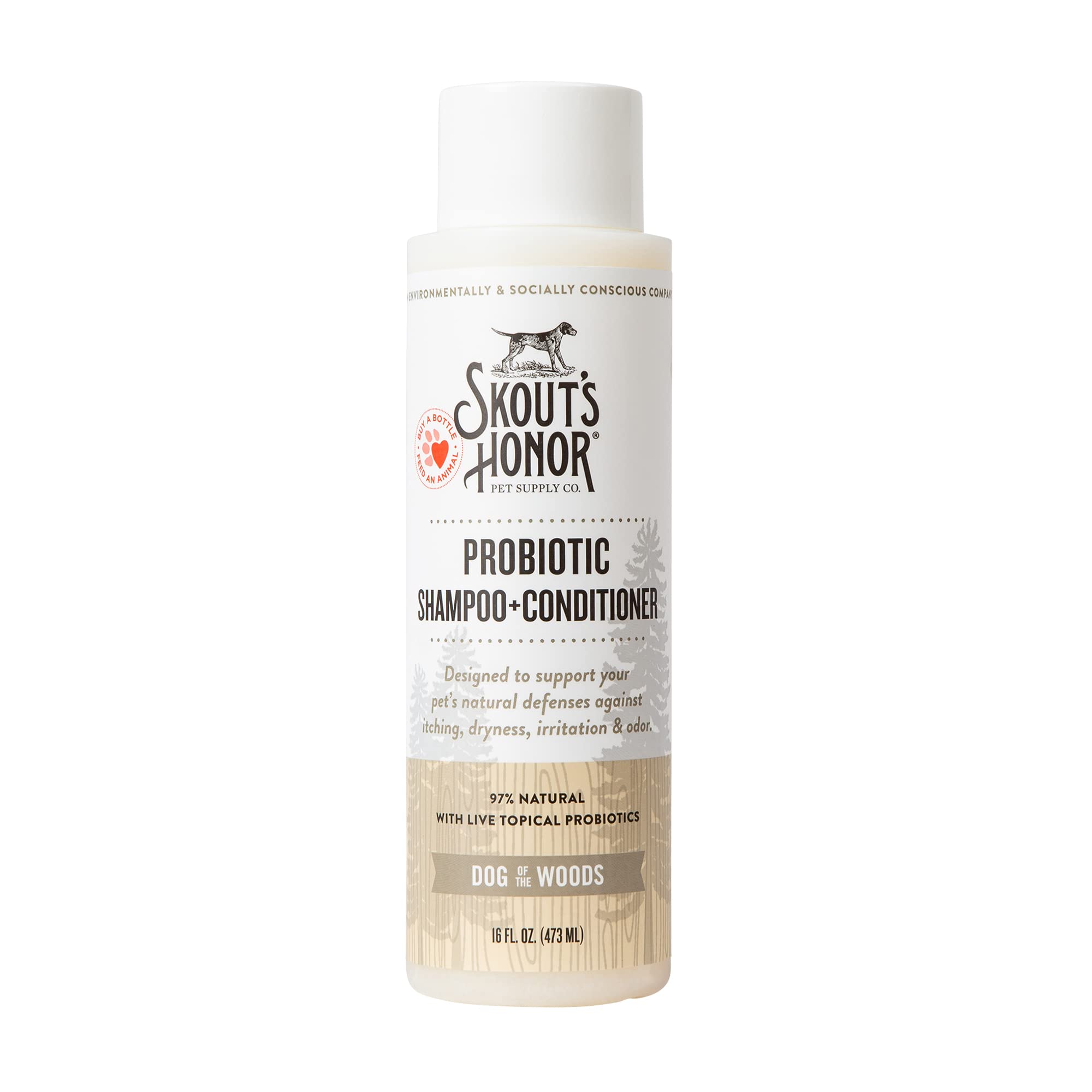 Skout's Honor probiotic dog shampoo bottle with avocado oil for soothing coat health