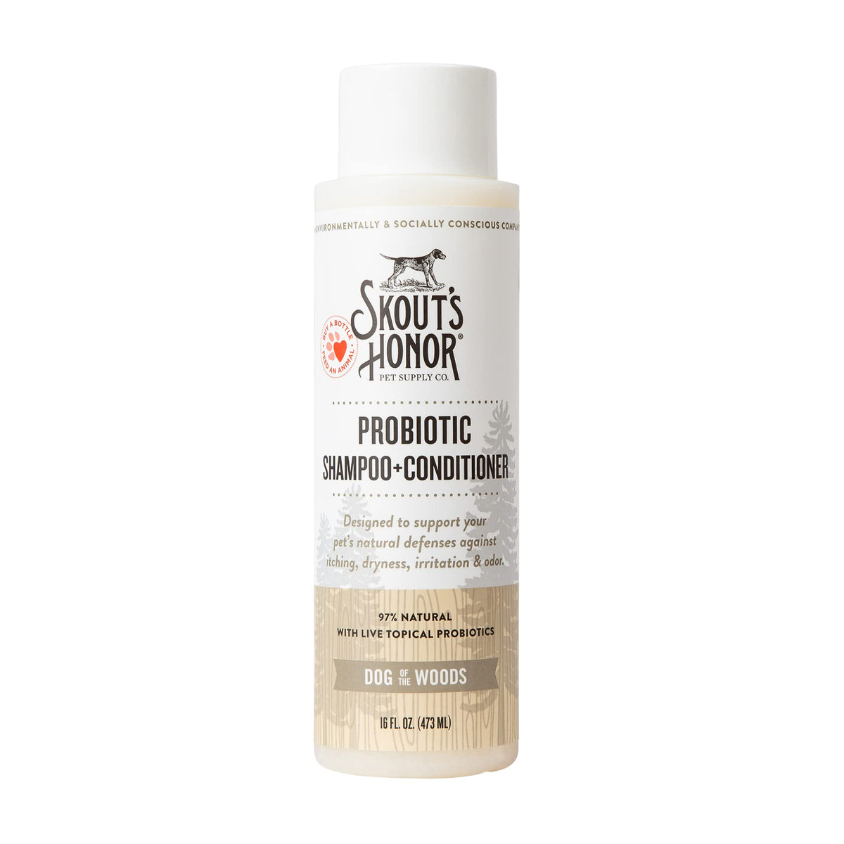 Skout's Honor probiotic dog shampoo bottle with avocado oil for soothing coat health