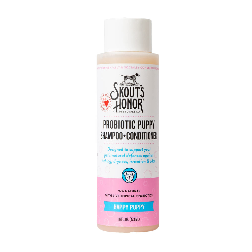 Skout's Honor probiotic dog shampoo and conditioner bottle for gentle cleansing.