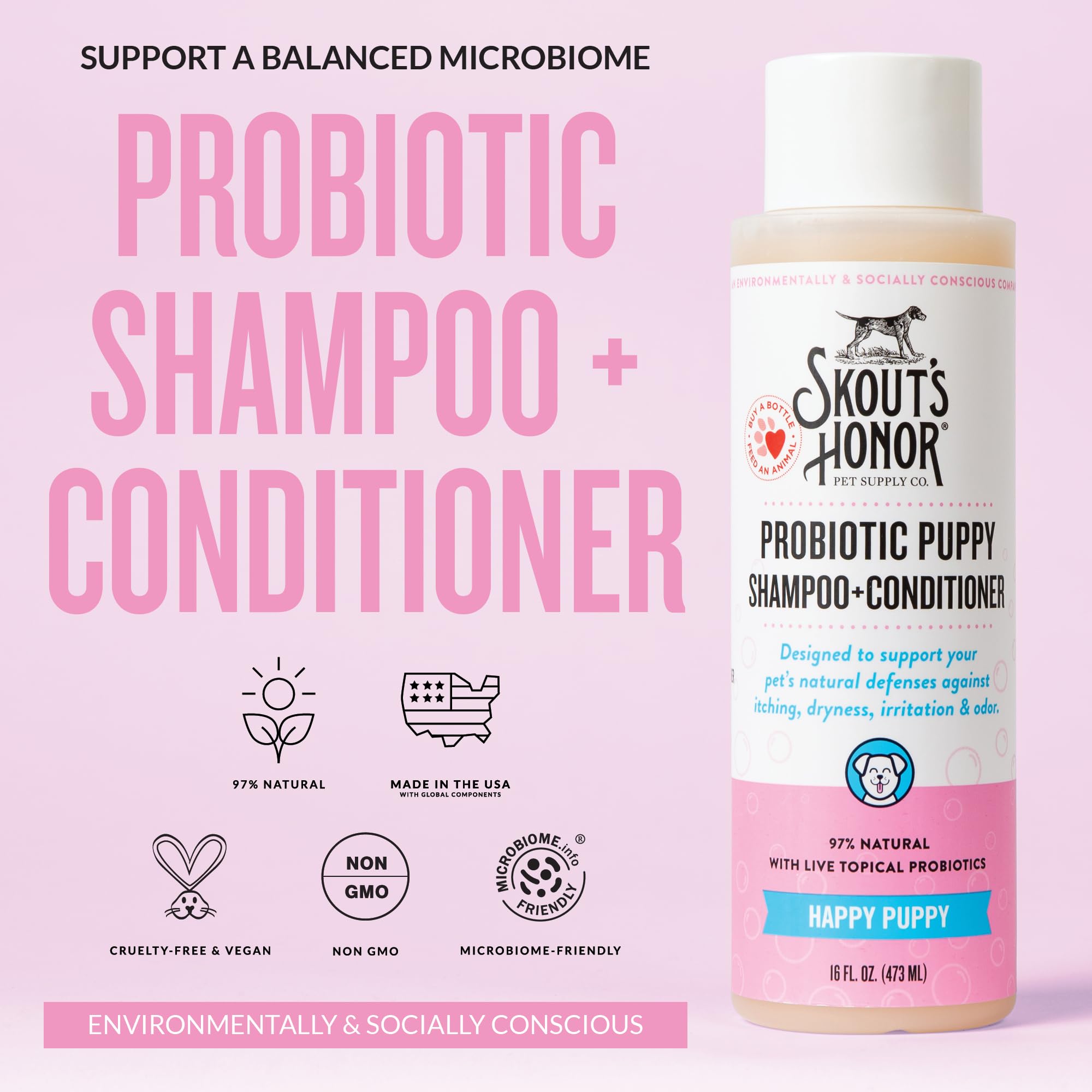Skout's Honor probiotic shampoo and conditioner lather on a clean coat.