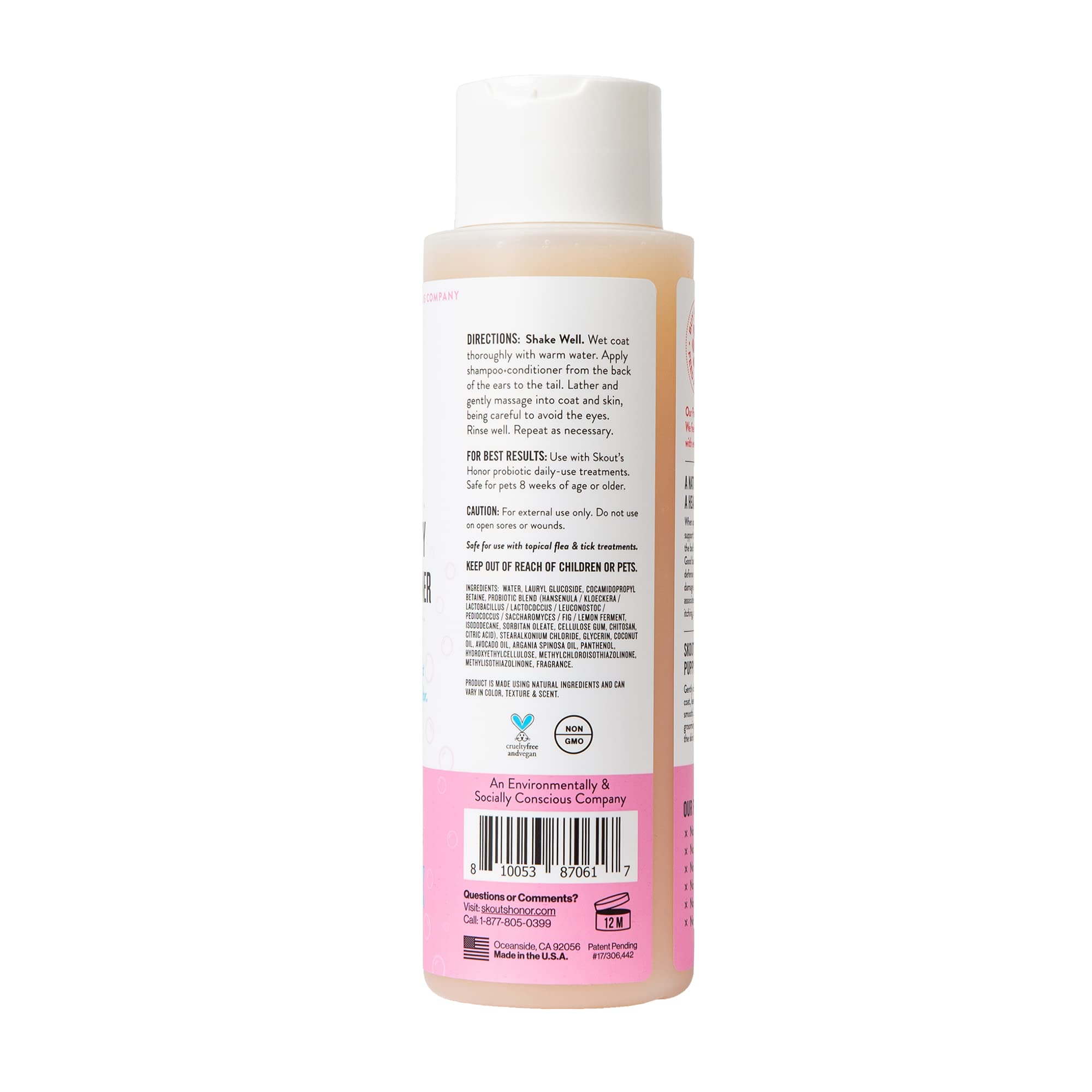 Skout's Honor ingredient label highlighting natural, paraben-free formula.