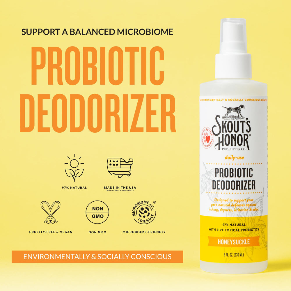 Skout's Honor probiotic spray mist applied to pet fur for even hydration.