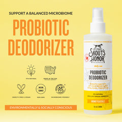 Skout's Honor probiotic spray mist applied to pet fur for even hydration.