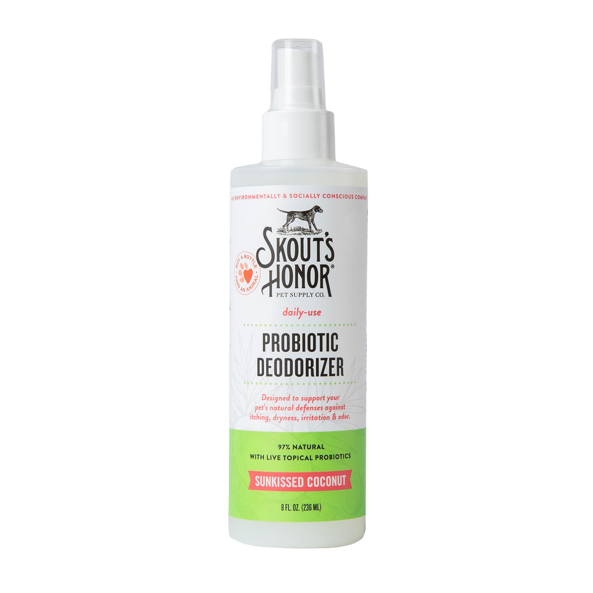 Skout's Honor probiotic pet deodorizer spray bottle front, refreshing scent and skin hydration.