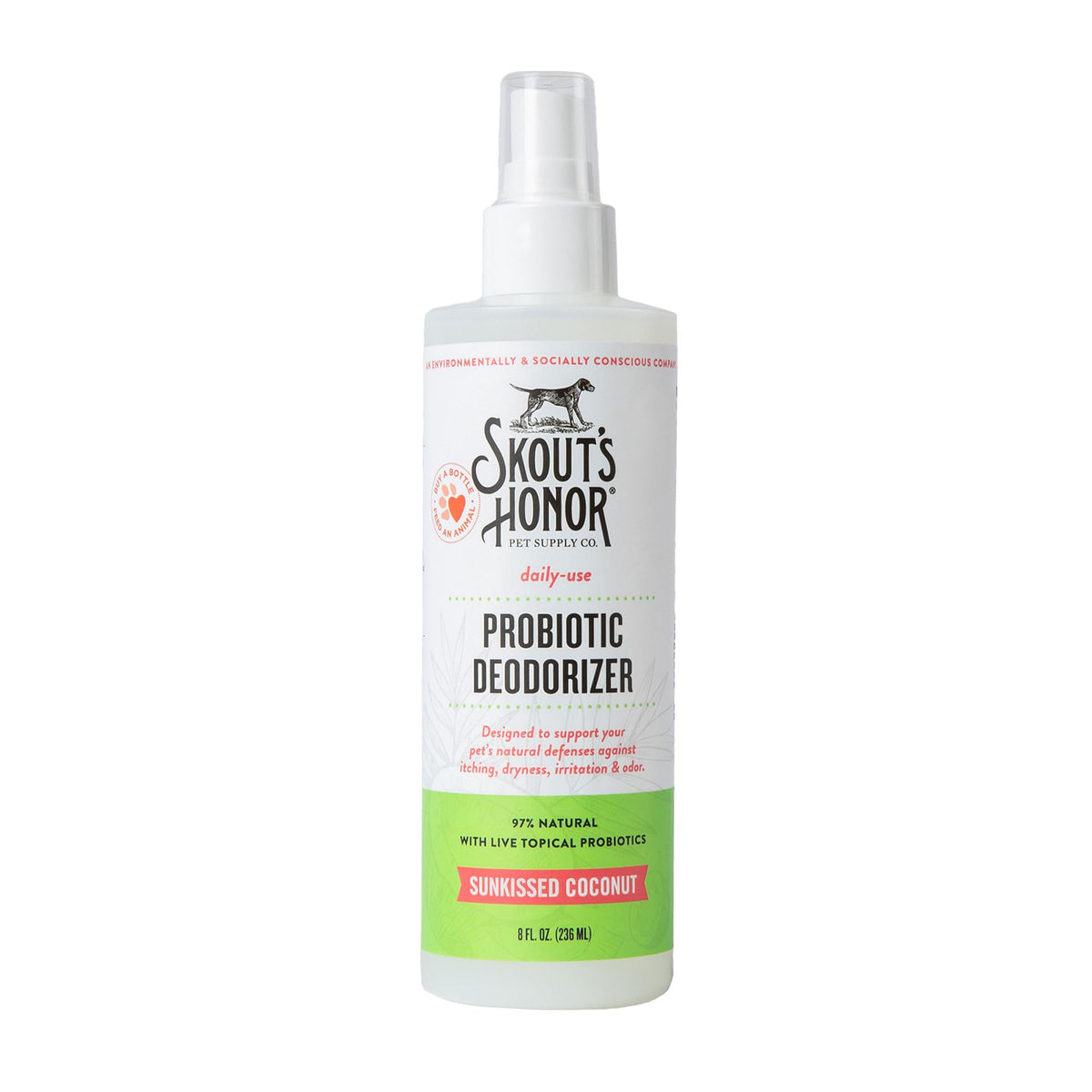 Skout's Honor probiotic pet deodorizer spray bottle front, refreshing scent and skin hydration.