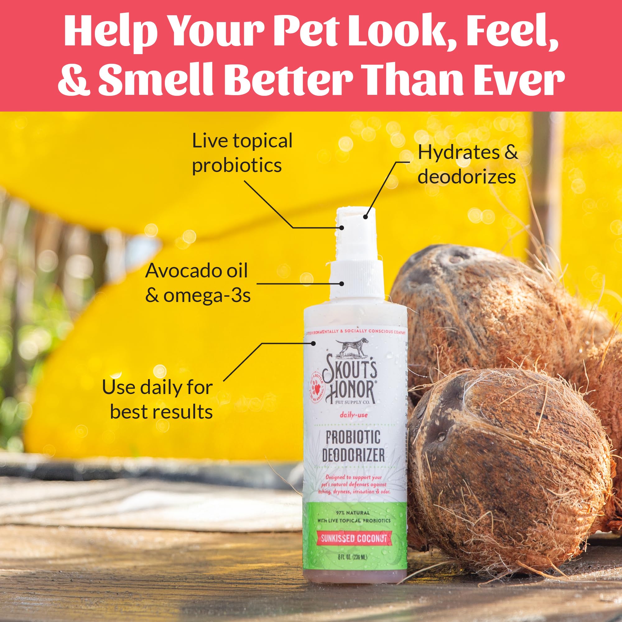 Skout's Honor dog-cat comfort image suggesting pleasant smelling, hydrated fur after use.