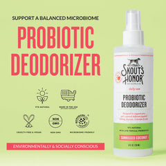 Skout's Honor probiotic spray-action shot showing even application for daily odor control.