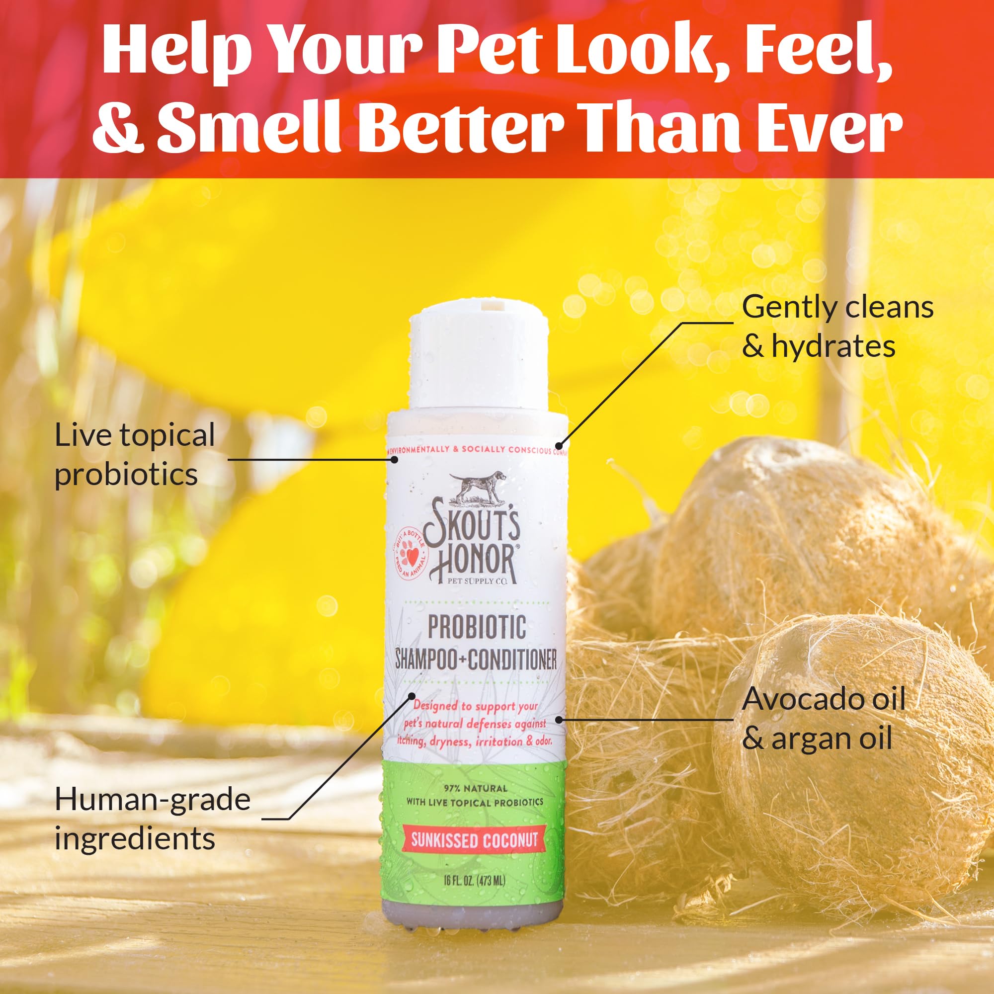 Puppy shampoo application scene with Skout's Honor product in use.