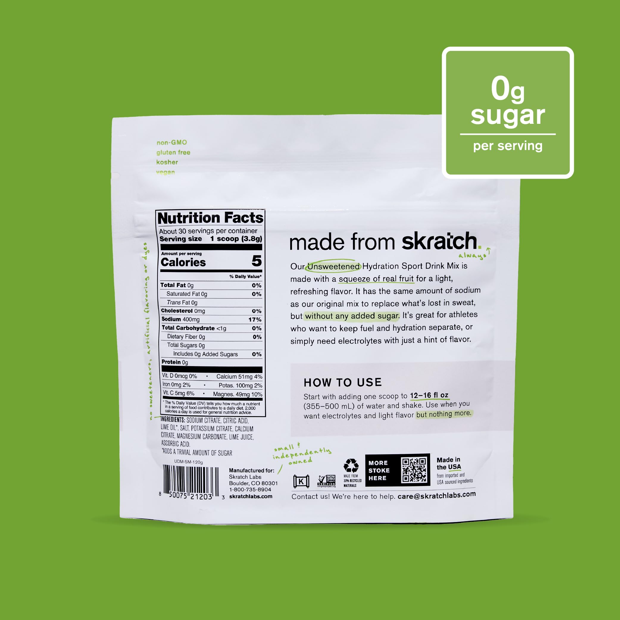 Skratch Labs Unsweetened Hydration 30-serving pouch ready for travel and gym use.
