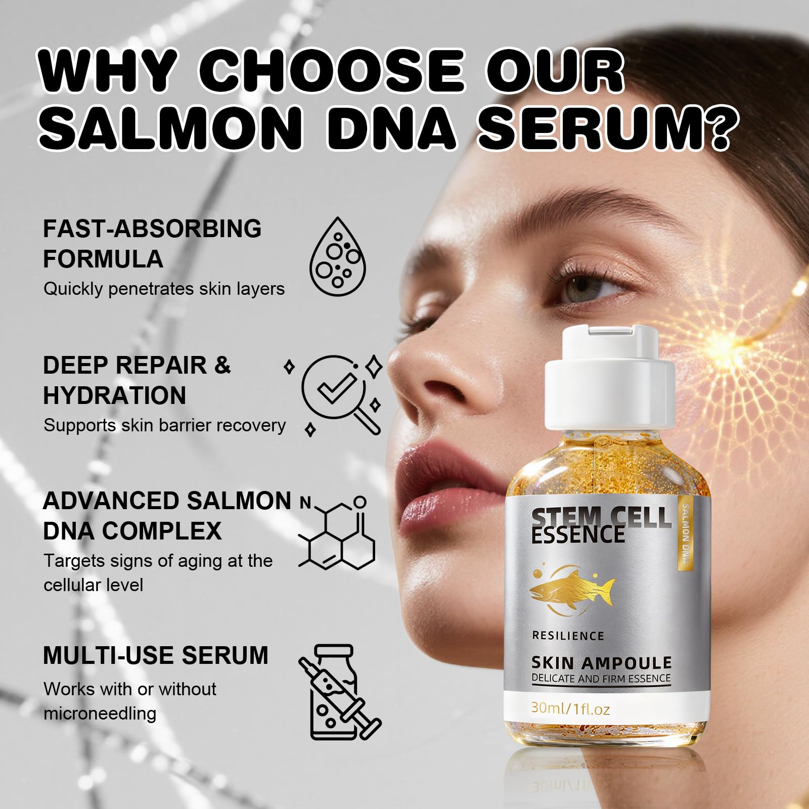 SKSOYT Salmon DNA Serum applied on face showing deep penetration potential.