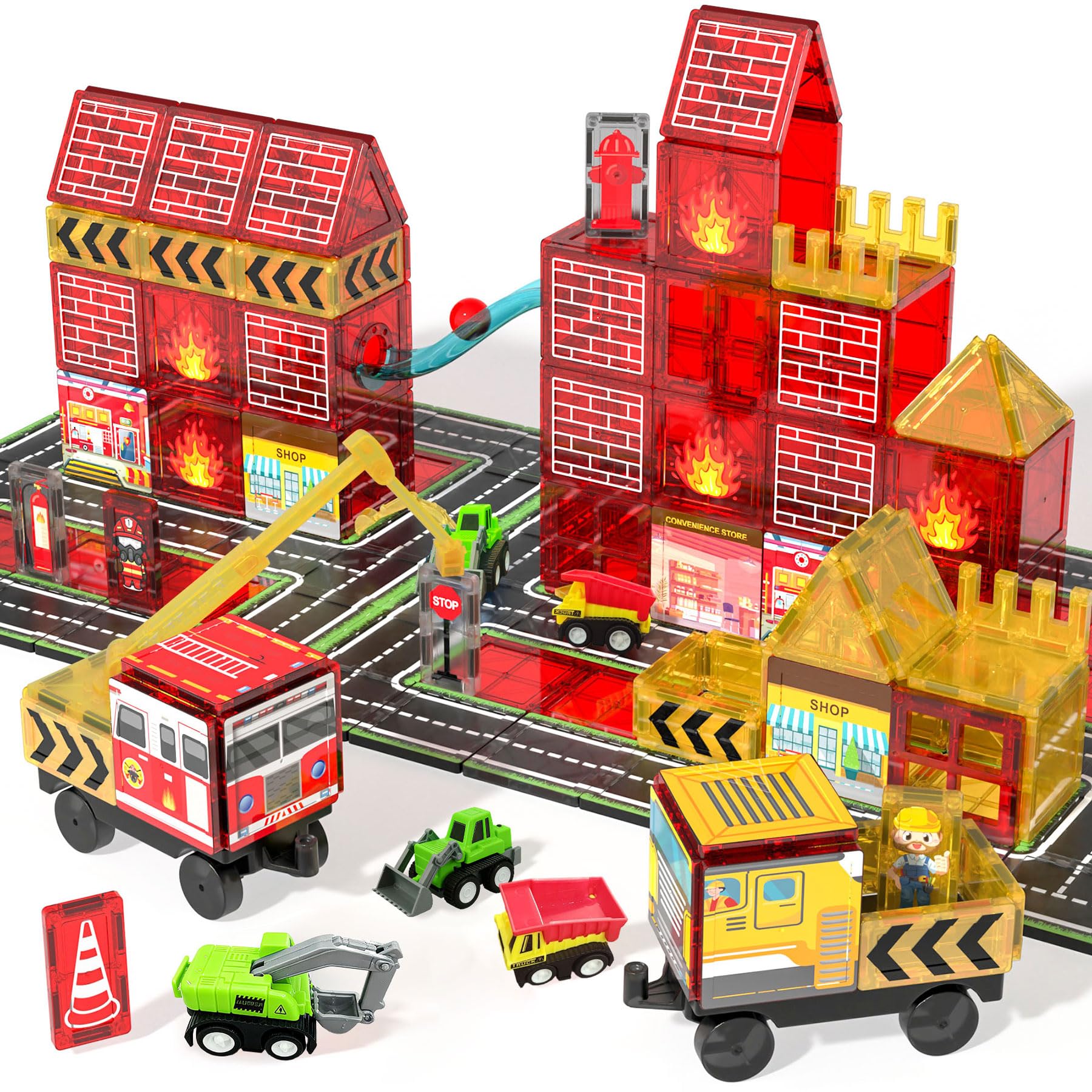 SKTMYY magnetic tiles Fire Truck Station set for imaginative play and early engineering