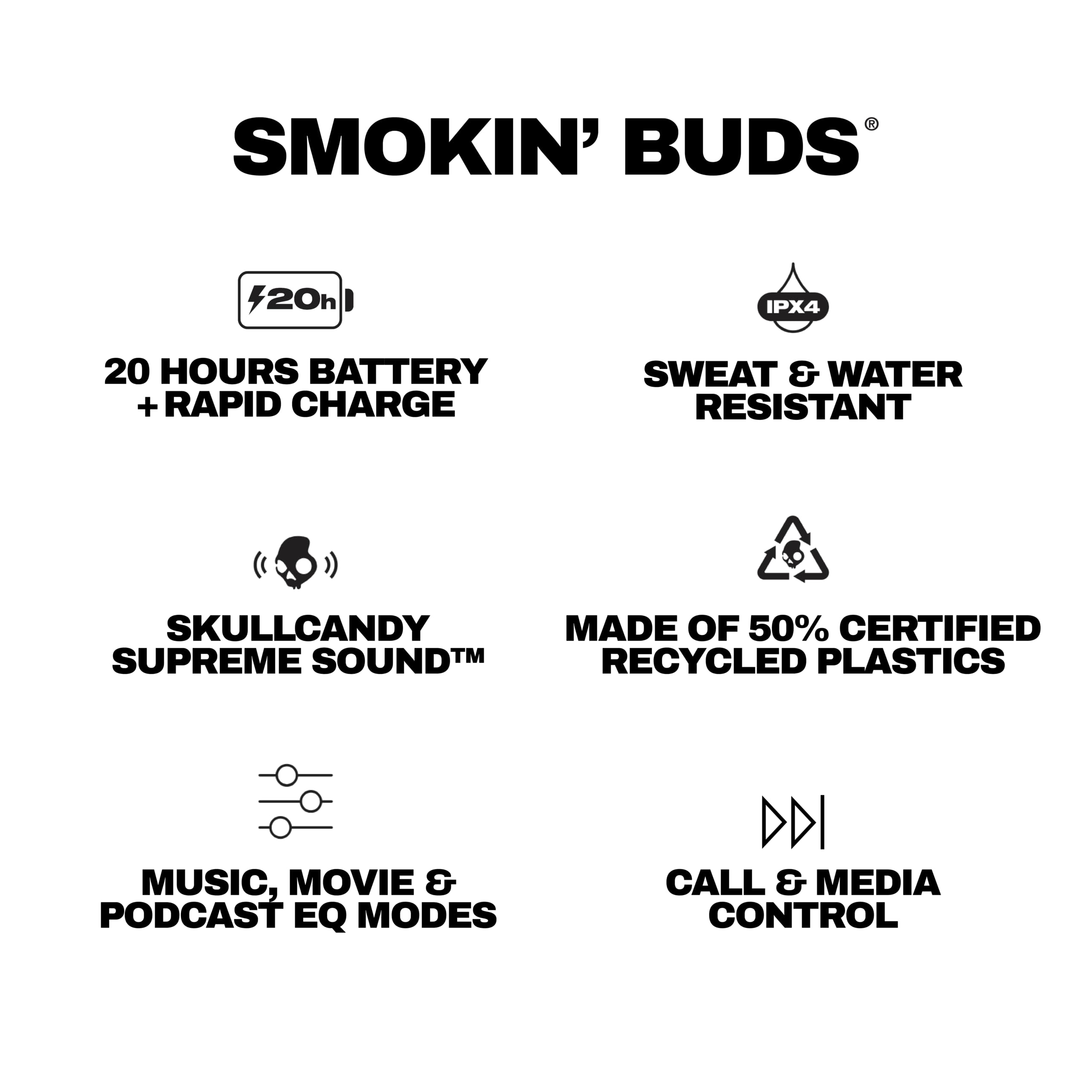 Skullcandy Smokin’ Buds built-in mics support calls on iPhone and Android.