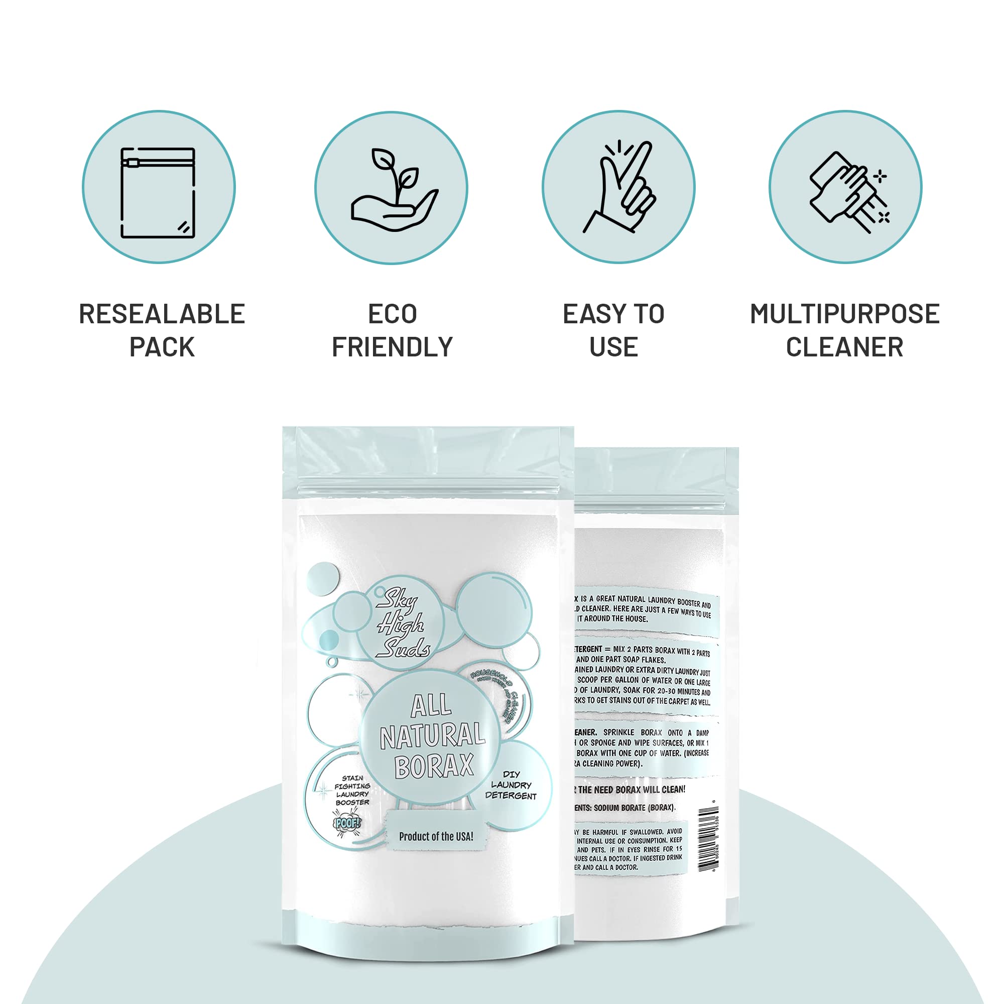 SKY HIGH SUDS borax powder boosts laundry brightness and freshness.