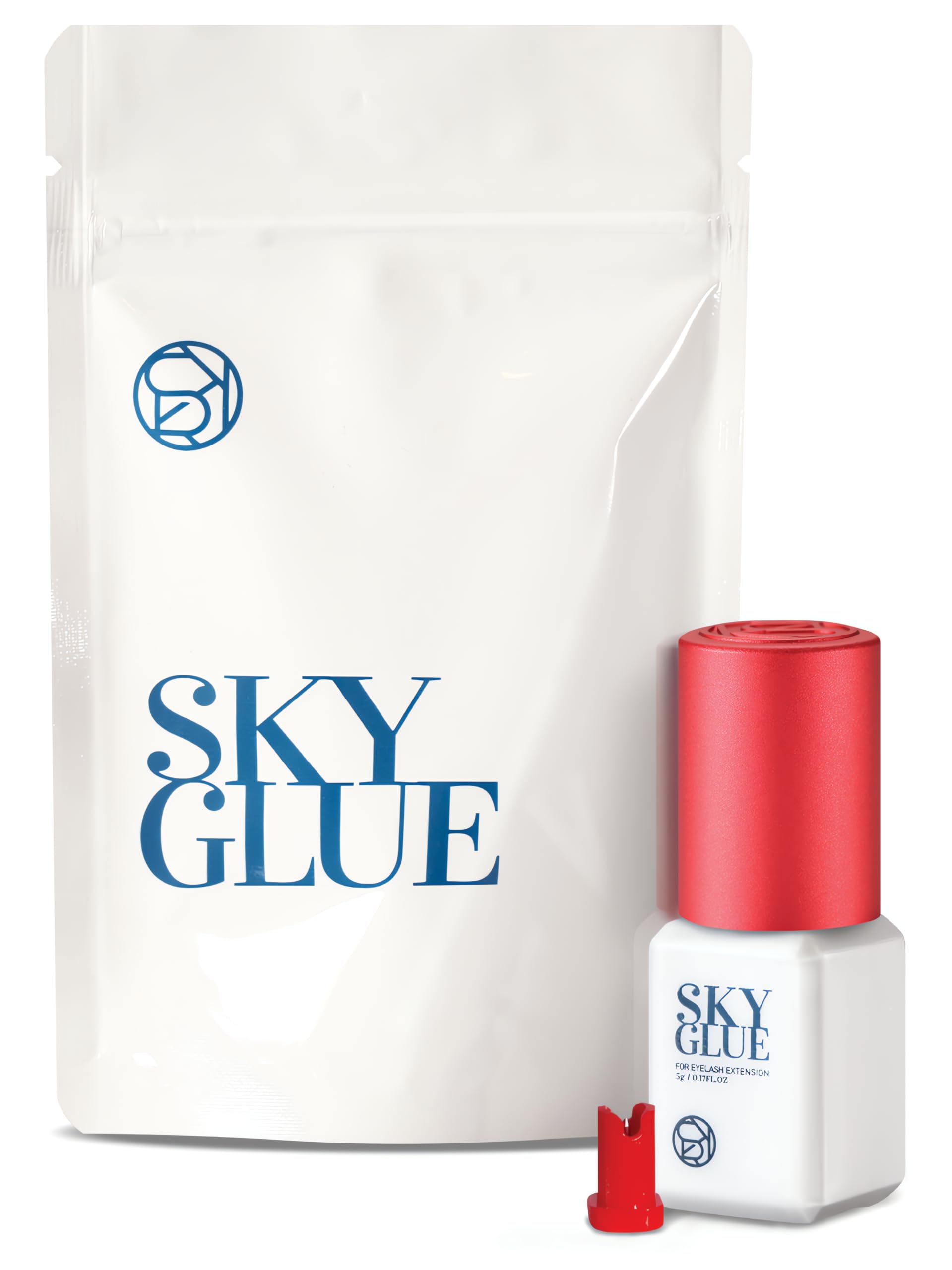 Sky S+ glue bottle closeup showing fast-drying 1-2 seconds formula for lash extensions