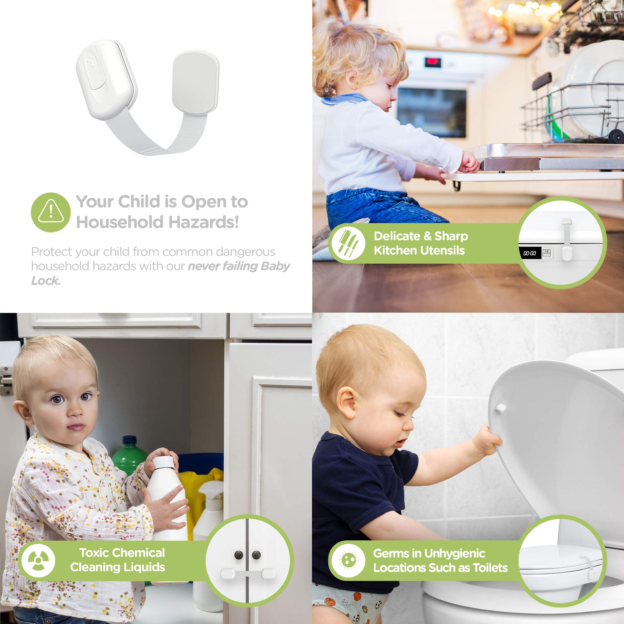 Skyla Homes 3M adhesive cabinet lock showing screw-free setup in busy kitchens