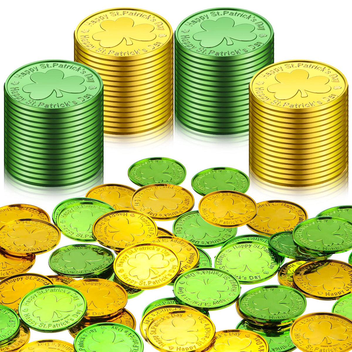 Skylety shamrock coins in green and gold, ideal for festive decorations and photo props.