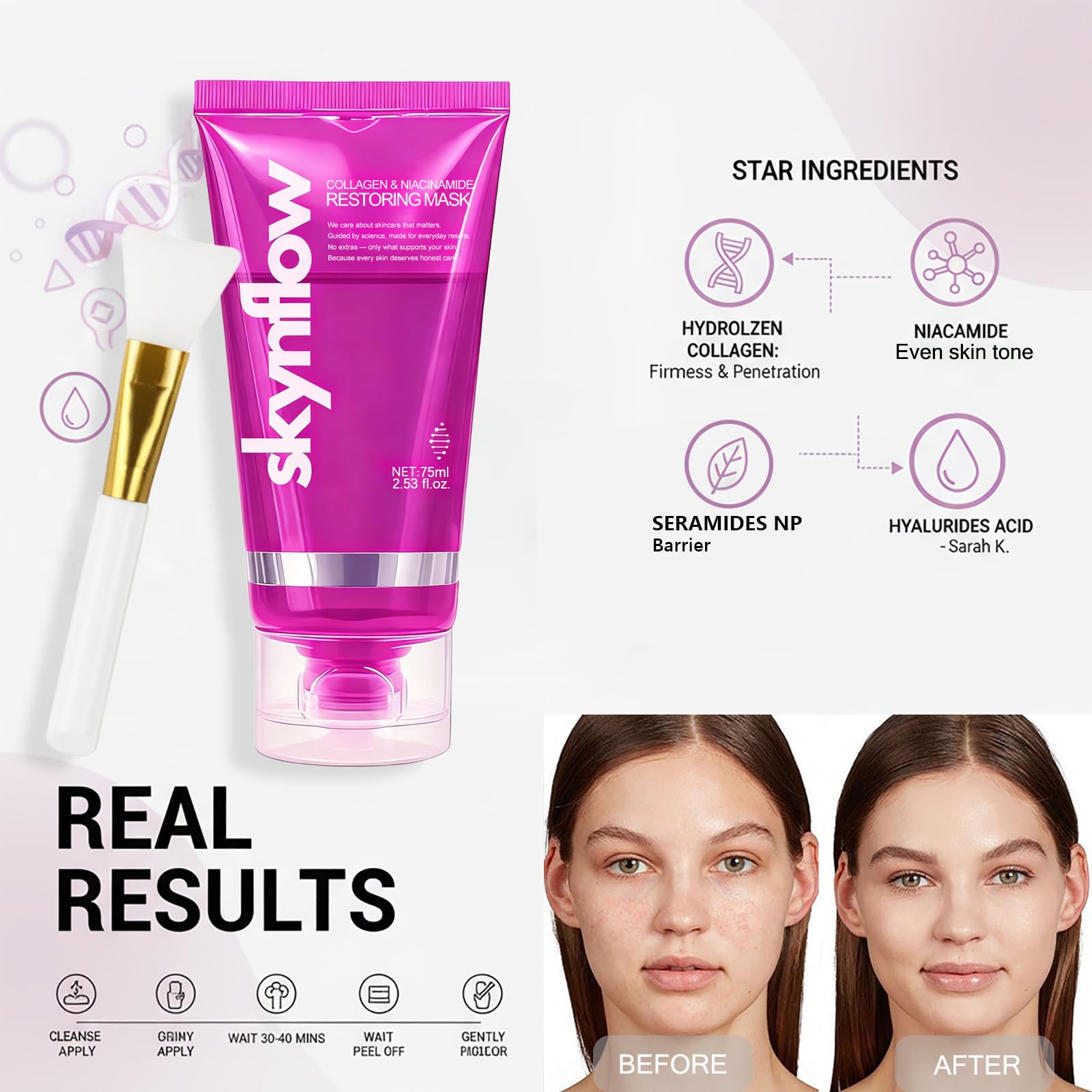 Skynflow application brush enables precise, mess-free mask application.