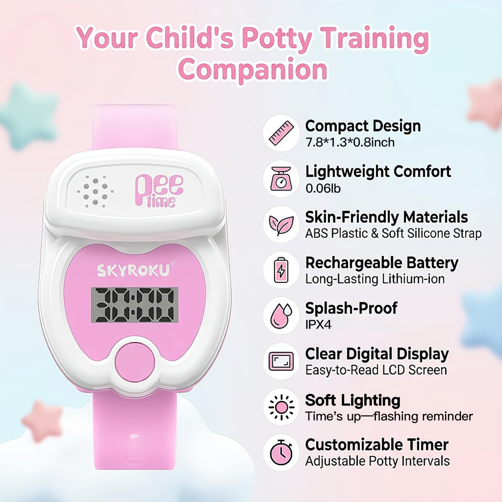 SKYROKU Potty Watch in cute toilet shape makes potty training approachable.