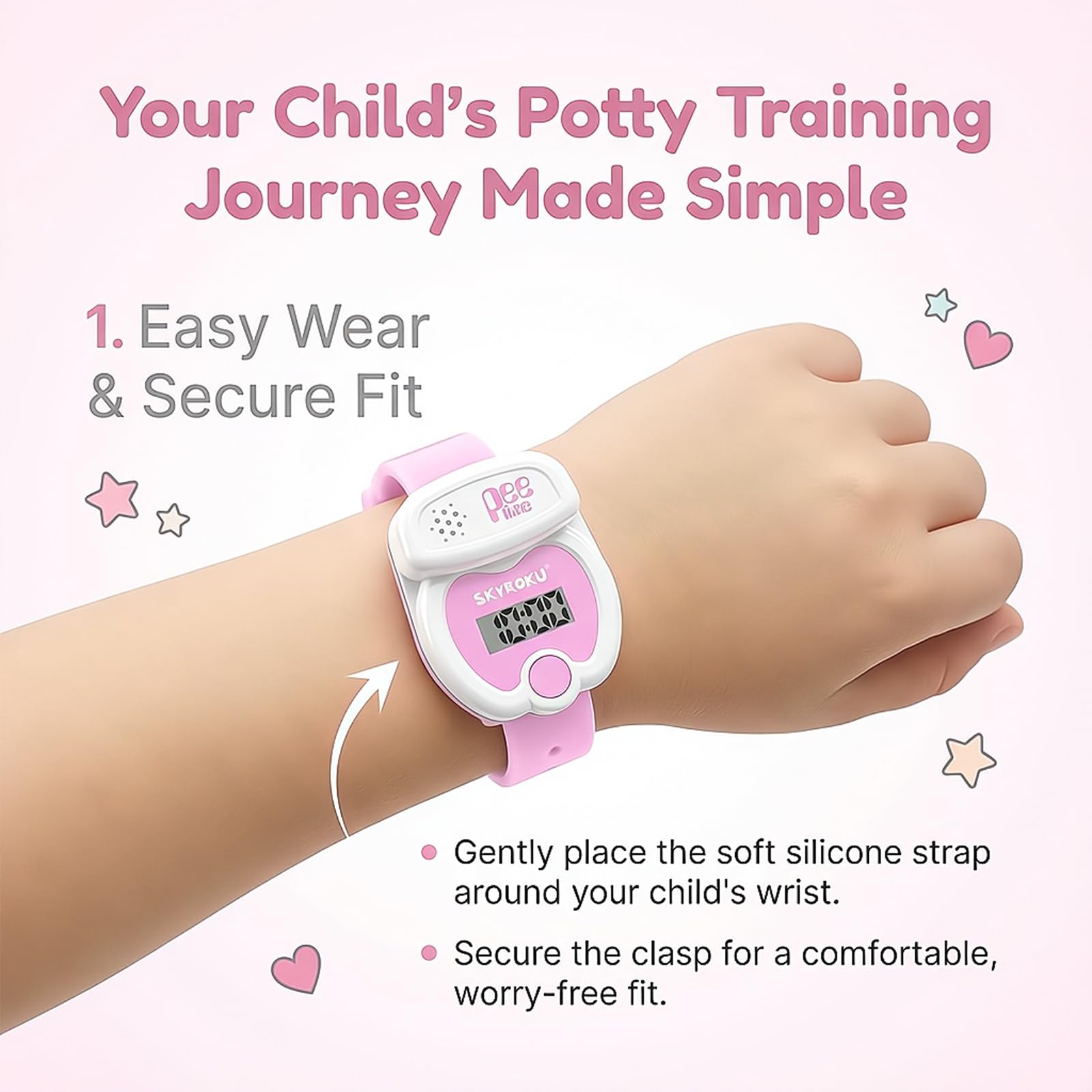 SKYROKU Potty Watch magnetic charging keeps charging simple and quick.