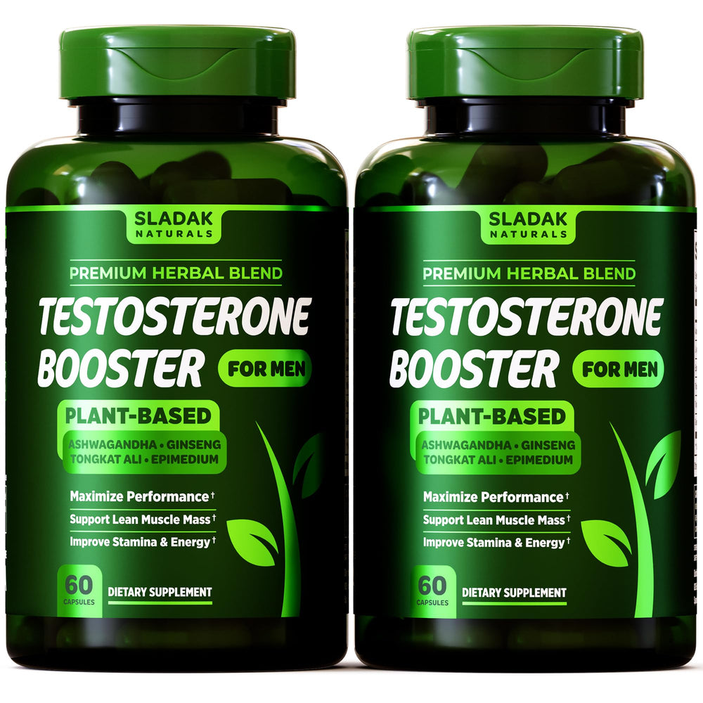 SLADAK NATURALS testosterone booster bottle promotes sustained energy and drive.