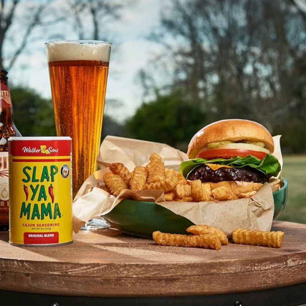 Slap Ya Mama Original Blend enhances seafood dishes with Cajun zest.