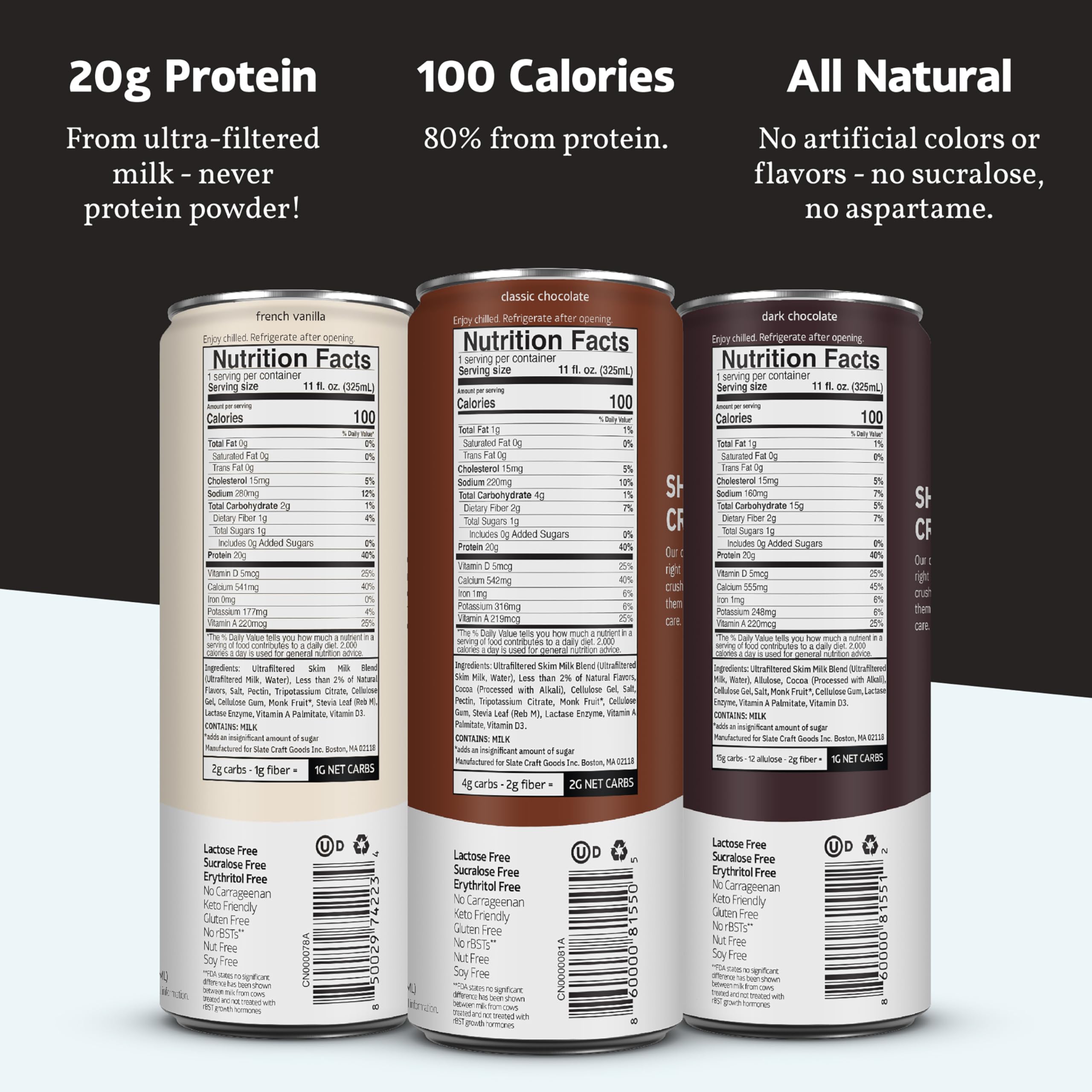 Slate Core Variety Pack Dark Chocolate can highlights lactose-free protein for workouts.