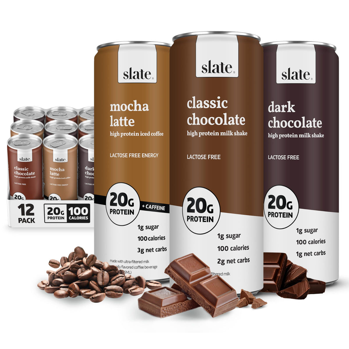Slate Milk Classic Chocolate bottle, lactose-free protein for convenient everyday fueling.
