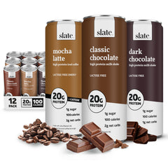 Slate Milk Classic Chocolate bottle, lactose-free protein for convenient everyday fueling.